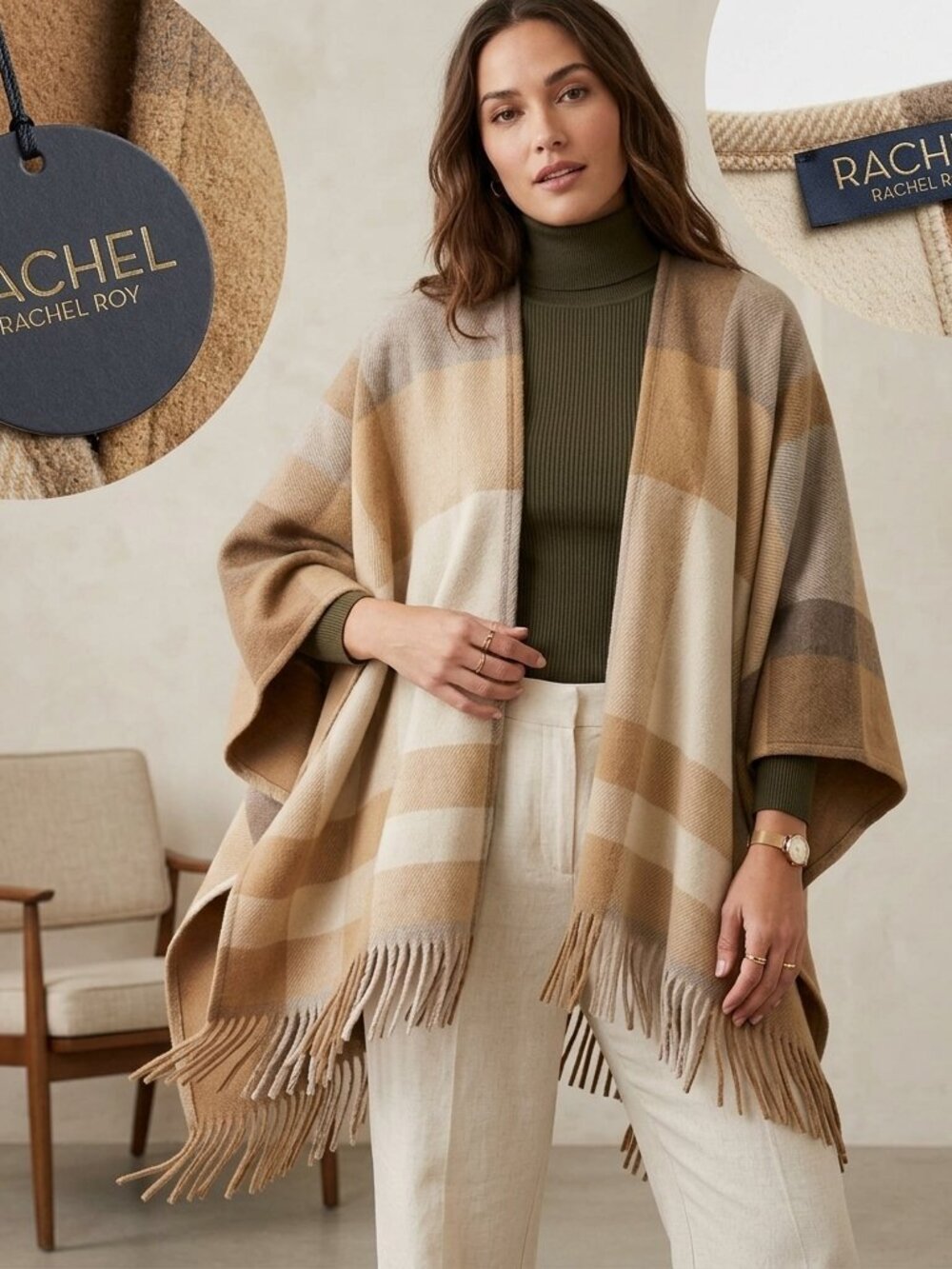 Rachel Roy Plaid Fringe Poncho Wrap NWT One Size